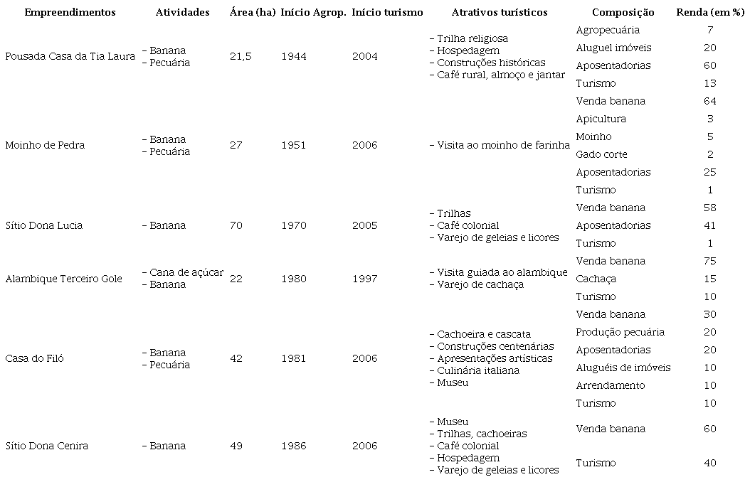 Caracterização dos empreendimentos, atrativos, formação e composição da renda (ano base 2017 - em %)