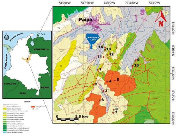 Left, the location of the municipality of Paipa in the department of Boyacá (Colombia). Right, a generalized geological map showing the Geosites 1 to 14 (see table 1 to a description of each site)