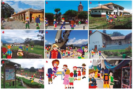 (a) Hacienda El Salitre. (b) San Miguel Arcángel Church. (c) Northeast Railway Station. (d) House of the Six Windows. (e) Monument to the Lancers of the Vargas Swamp. (f) Museum House of the Vargas Swamp. (g) The Route of La Libertad. (h) Producer family of Paipa cheese. (i) Handicrafts