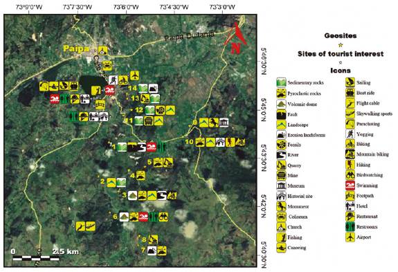 Image of Google Earth (2020) showing the main places of interest, including geosites, around the Paipa-Iza Volcanic Complex (Colombia) and the corresponding icons