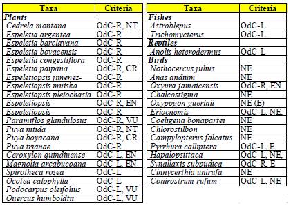 Landscape species at regional (OdC-R) or local scale (OdC-L) for Paipa region