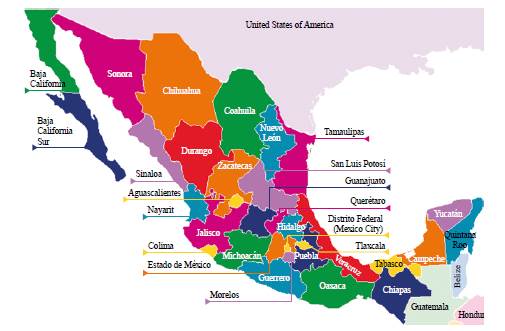 Mapa de México donde se sitúan los estados de Jalisco y Zacatecas 