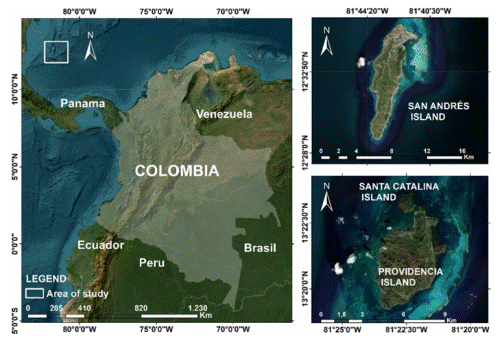 Left, geographical localization of the asapsc. Right, maps of the San Andr�s, Providencia and Santa Catalina islands