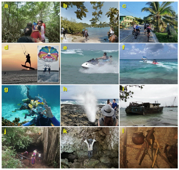 Geotourism attractions in the asapsc. (a) Ecological walks. (b) Horseback riding. (c) Cycling. (d)-(g) Water sports. (h) Blower hole. (i) Old boat stuck. (j)-(l) Pirate Morgan's cave