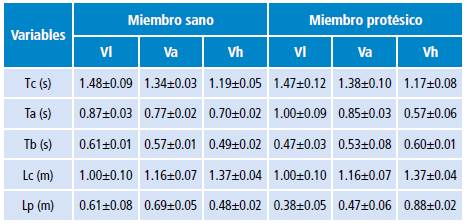 Variables espacio-temporales consideradas en este estudio para la velocidad lenta, autoseleccionada y rápida.