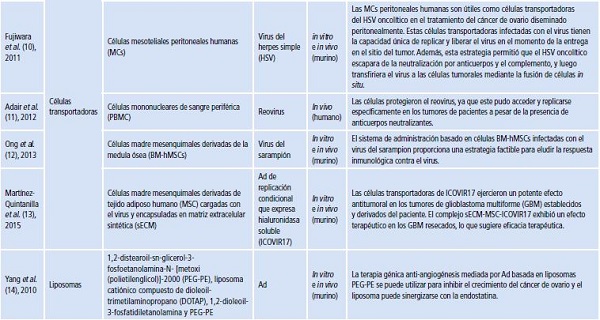 Estrategias empleadas para envolver y transportar virus oncol&iacute;ticos.