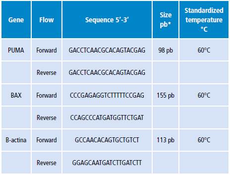 Description of specific primers for each of the genes, size and temperature used by the qRT-PCR technique.