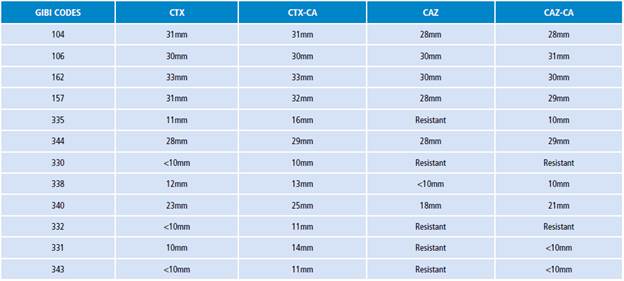 ESBL production test performed on the 12 selected Klebsiella pneumoniae strains.