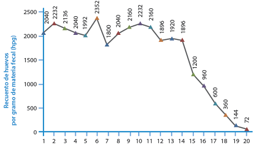 Tendencia del recuento de huevos por gramo de materia fecal (hpg) durante el tiempo de evaluaci&oacute;n.