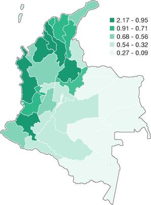 Rate of centenarians per 10 000 inhabitants in Colombia, according to RIPS 2014.