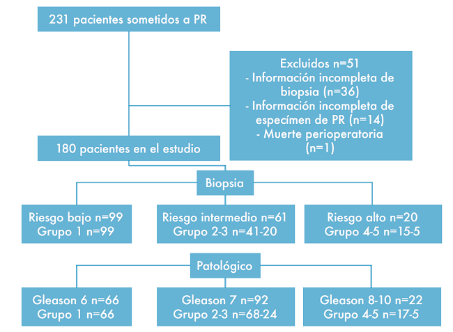 Pacientes clasificados por grupo de riesgo seg&uacute;n el puntaje de Gleason en la biopsia y en el esp&eacute;cimen quir&uacute;rgico (Patol&oacute;gico). PR: prostatectom&iacute;a radical.