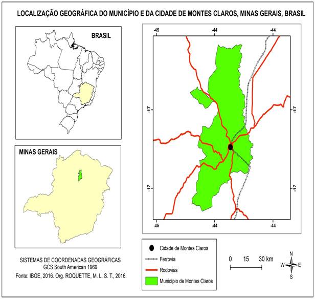 Localização geográfica do município e da cidade de Montes Claros, Minas
Gerais, Brasil.