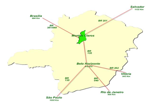 Localização de Montes Claros no Estado de Minas Gerais, principais rodovias
e distância de algumas capitais nacionais, 2015.