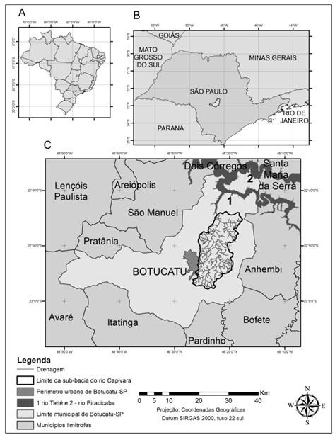 Mapa de localiza&ccedil;&atilde;o. A e B:
munic&iacute;pio da &aacute;rea de estudo no Brasil e estado de S&atilde;o Paulo; C: Sub-bacia do
rio Capivara com per&iacute;metro urbano de Botucatu e munic&iacute;pios lim&iacute;trofes