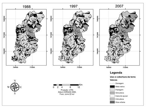 Mapas de mudan&ccedil;a no uso e cobertura da terra entre 1988 e 2007.