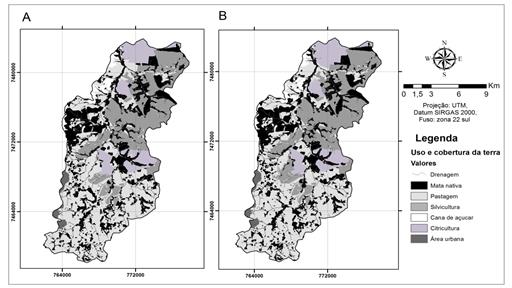 Mapa resultante da simula&ccedil;&atilde;o
1997-2007. Mapa real de 2007 (A) e mapa simulado para 2007 (B)