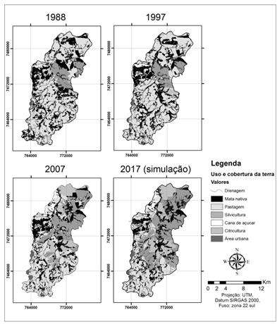 Mapas de mudan&ccedil;a no uso e
cobertura da terra: 1988, 1997, 2007 e simula&ccedil;&atilde;o para 2017