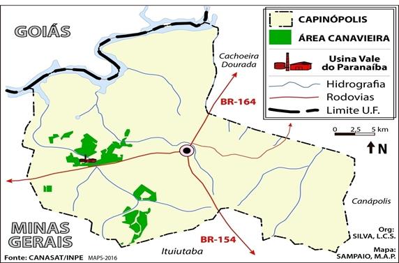 Município de
Capinópolis (MG): área plantada de cana-de-açúcar da Agroindústria Canavieira
Vale do Paranaíba (2016).