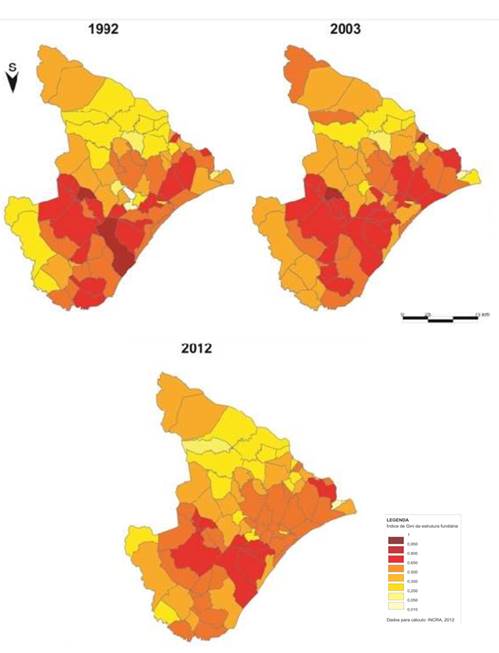Sergipe:
Evolu&ccedil;&atilde;o do &Iacute;ndice de Gini por munic&iacute;pios &ndash; 1992 &ndash; 2012
