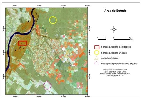 Área de estudo observada em imagem Landsat 5 – TM, composição 3R 4G 5B, de 12 de setembro de 2011