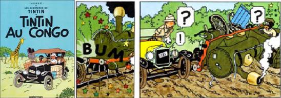 Esquerda: Capa da HQ “TinTin no Congo”; Direita: Recorte de uma história onde é simbolizado a superioridade tecnológica europeia em detrimento da africana