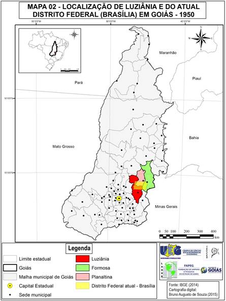 Localiza&ccedil;&atilde;o de Luzi&acirc;nia e do atual Distrito Federal (Bras&iacute;lia) em Goi&aacute;s - 1950