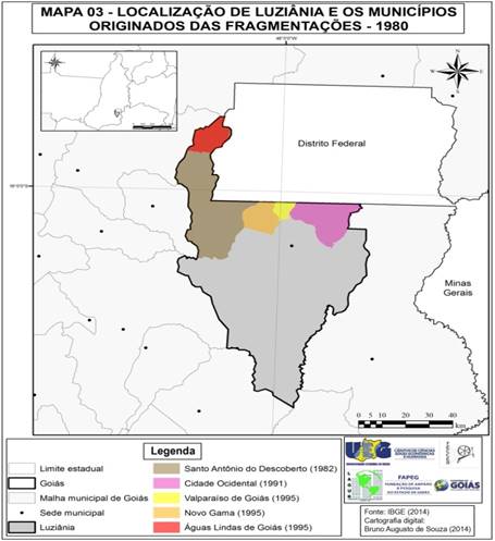 Localiza&ccedil;&atilde;o de Luzi&acirc;nia e os munic&iacute;pios originados das fragmenta&ccedil;&otilde;es - 1980