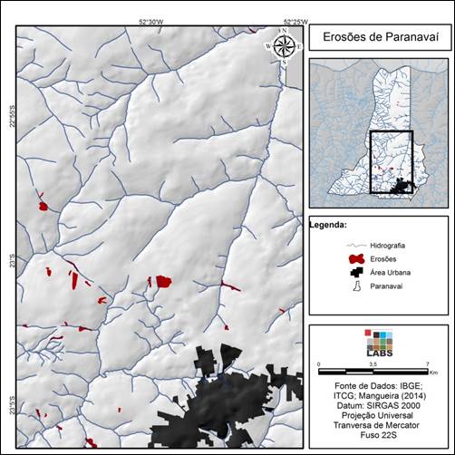 Mapa com as feições erosivas do município de Paranavaí