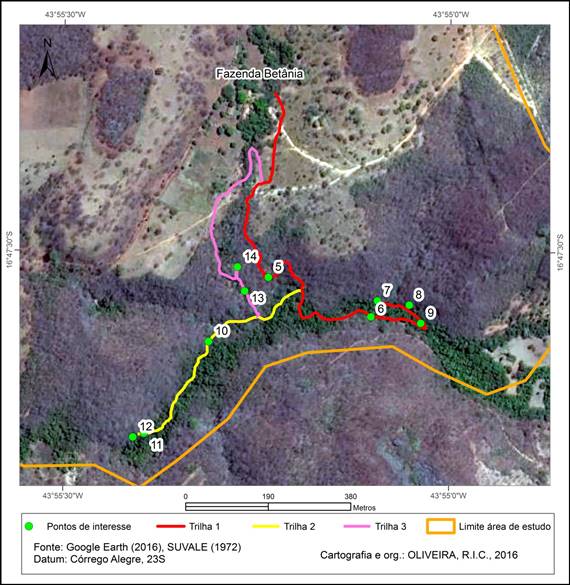 Visualiza&ccedil;&atilde;o das tr&ecirc;s principais trilhas da nascente do Rio Vieira