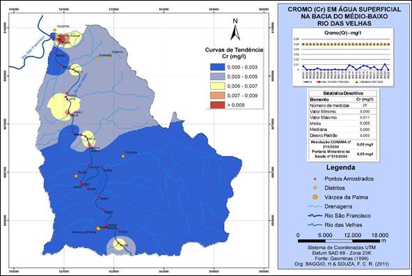 mapa de isoteores apresentando a distribui&ccedil;&atilde;o espacial do Cr, ao longo do baixo curso do Rio das Velhas