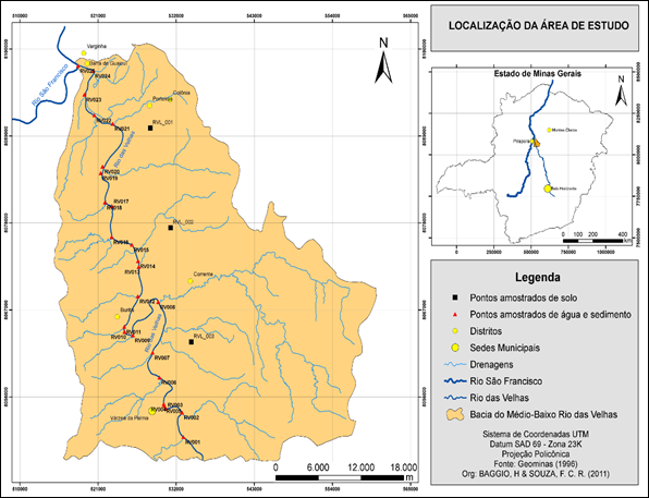 O mapa apresenta a localiza&ccedil;&atilde;o da &aacute;rea da pesquisa no contexto do Estado de Minas Gerais, juntamente, com os pontos de amostragem