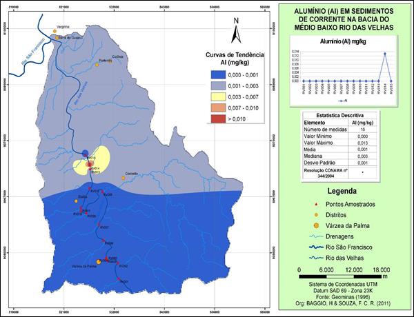 mapa de isoteores apresentando a distribui&ccedil;&atilde;o espacial do Al, ao longo do baixo curso do Rio das Velhas