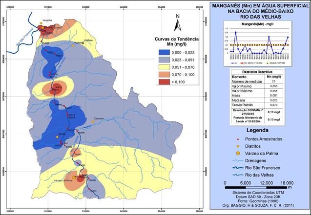 mapa de isoteores apresentando a distribui&ccedil;&atilde;o espacial do Mn total, ao longo do baixo curso do Rio das Velhas