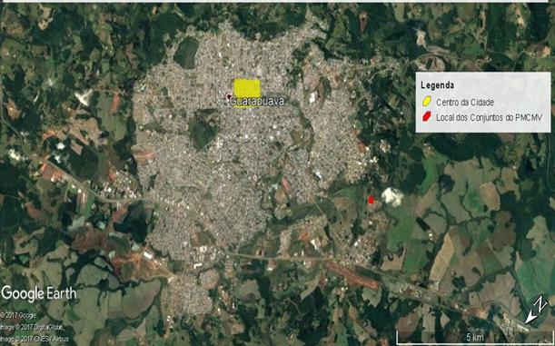 Localiza&ccedil;&atilde;o dos Conjuntos Habitacionais do PMCMV, no Bairro Alto Cascavel, em Guarapuava-PR, em rela&ccedil;&atilde;o ao Centro Tradicional