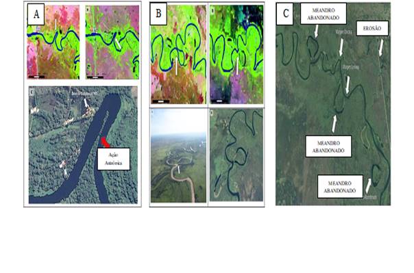 Presen&ccedil;a de meandros abandonados nas margens c&ocirc;ncavas e convexas do rio
Miranda (MS)