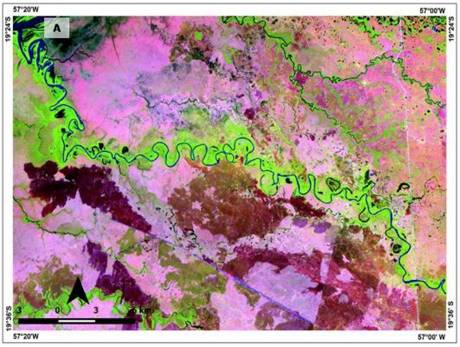 A) Imagem Landsat5 TM de 13/09/1984,
composi&ccedil;&atilde;o colorida (R5/G4/B3