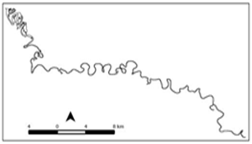 Sinuosidade do rio Miranda obtida
pela fotointerpreta&ccedil;&atilde;o com base nas imagens: A) Landsat-5TM