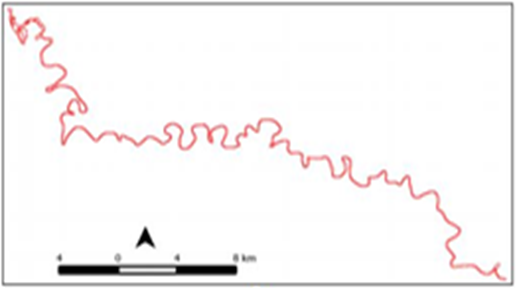 Sinuosidade do rio Miranda obtida
pela fotointerpreta&ccedil;&atilde;o com base nas imagens: B) Landsat OLI 8