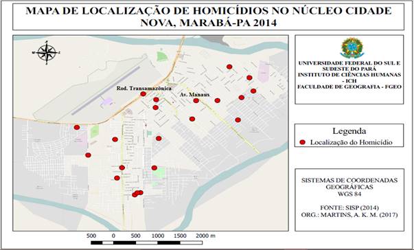 Localiza&ccedil;&atilde;o de homic&iacute;dios no n&uacute;cleo Cidade Nova, Marab&aacute;-PA 2014