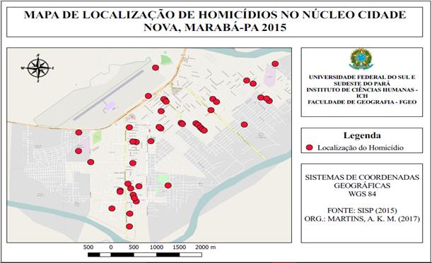 Localiza&ccedil;&atilde;o das ocorr&ecirc;ncias de homic&iacute;dios no n&uacute;cleo Cidade Nova, 2015