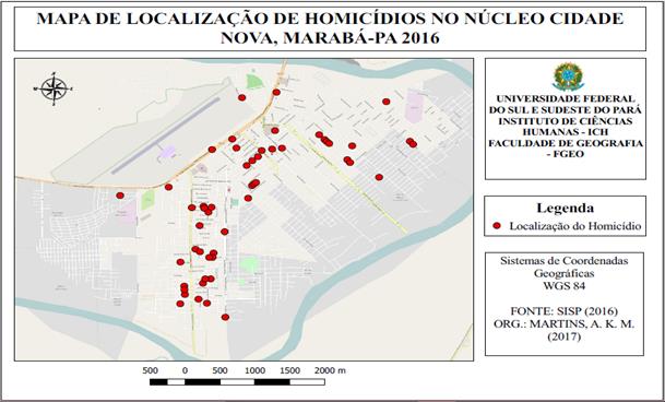 Localiza&ccedil;&atilde;o das ocorr&ecirc;ncias de homic&iacute;dios no N&uacute;cleo Cidade Nova, 2016