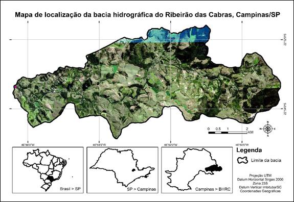 Mapa de localiza&ccedil;&atilde;o da macro e micro escala da bacia hidrogr&aacute;fica do Ribeir&atilde;o das Cabras