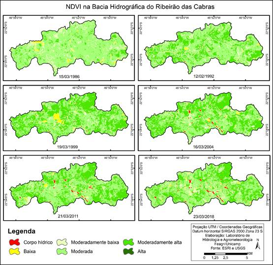 Mapa do NDVI em seis diferentes cen&aacute;rios na bacia hidrogr&aacute;fica do Ribeir&atilde;o das Cabras