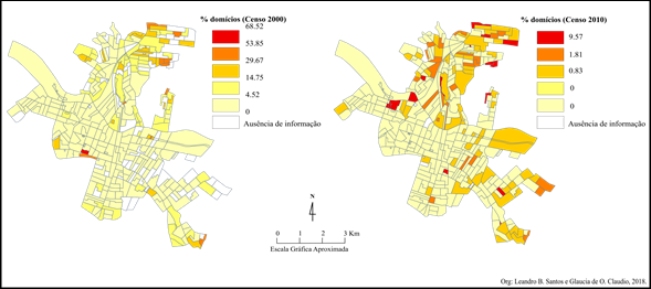 Domiclios sem banheiro (%), por setor censitrio, na cidade de Campos dos Goytacazes