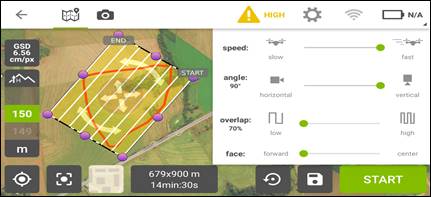 Planejamento do aerolevantamento na �rea de estudo pelo aplicativo Pix4D.