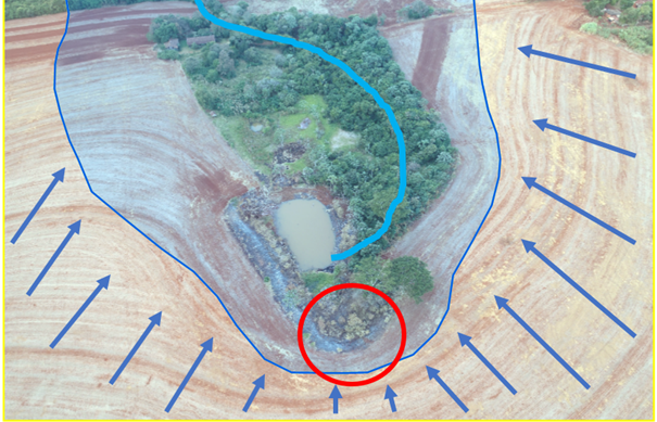 Intera��o da �rea com vertentes planar-retil�nea (em amarelo) com vertentes convergentes-c�ncavas (azul). O c�rculo vermelho representa a ruptura do relevo observado em campo. Imagem registrada pela RPA a 60 metros de altura.