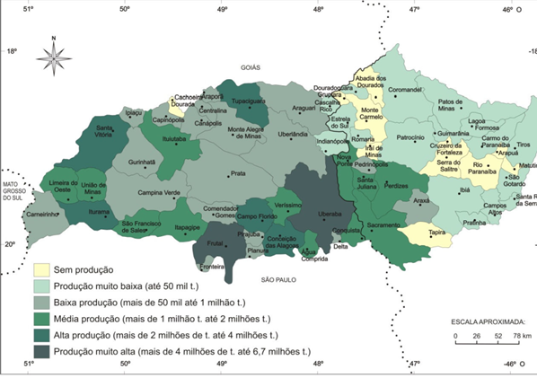 Produção de cana-de-açúcar (em toneladas), Triângulo Mineiro/Alto Paranaíba – 2017