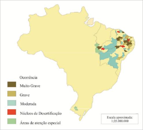 Mapa de ocorr&ecirc;ncia de desertifica&ccedil;&atilde;o e &aacute;reas de aten&ccedil;&atilde;o especial
