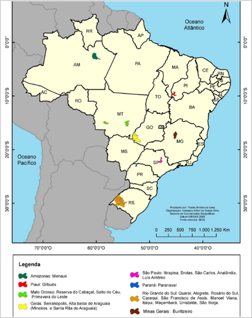 Mapa de localiza&ccedil;&atilde;o das &aacute;reas com pesquisas sobre areniza&ccedil;&atilde;o