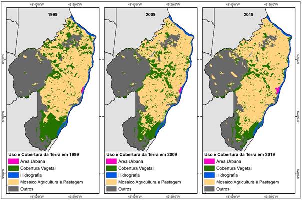 Classifica&ccedil;&atilde;o de uso e cobertura da terra de 1999, 2009 e 2019